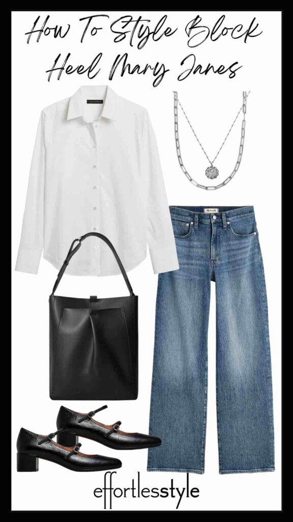 Classic Button-Up & Wide Leg Jeans the Mary Jane trend how to style Mary janes with jeans how to wear a button-up shirt with jeans how to wear silver accessories how to style wide leg jeans classic fall style