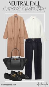 How To Wear Our Neutral Fall Capsule Wardrobe - Part 2 Coatigan & Button-Up Shirt & Black Jeans how to wear camel and black together affordable loafers for fall the best fall accessories how to wear black jeans to work how to style a button-up under a coatigan how to style a blouse under a coatigan dressy casual looks for fall dressy casual looks for the office fall style inspiration