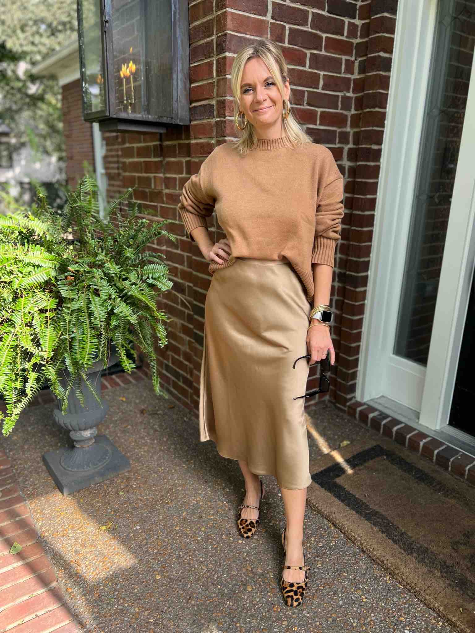 September Favorites From Our Nashville Personal Stylists Crewneck Sweater & Satin Slip Skirt personal stylists share the best slip skirt for fall how to style a slip skirt how to create a tone on tone look nashville stylists share must have fall pieces how to style a slip skirt