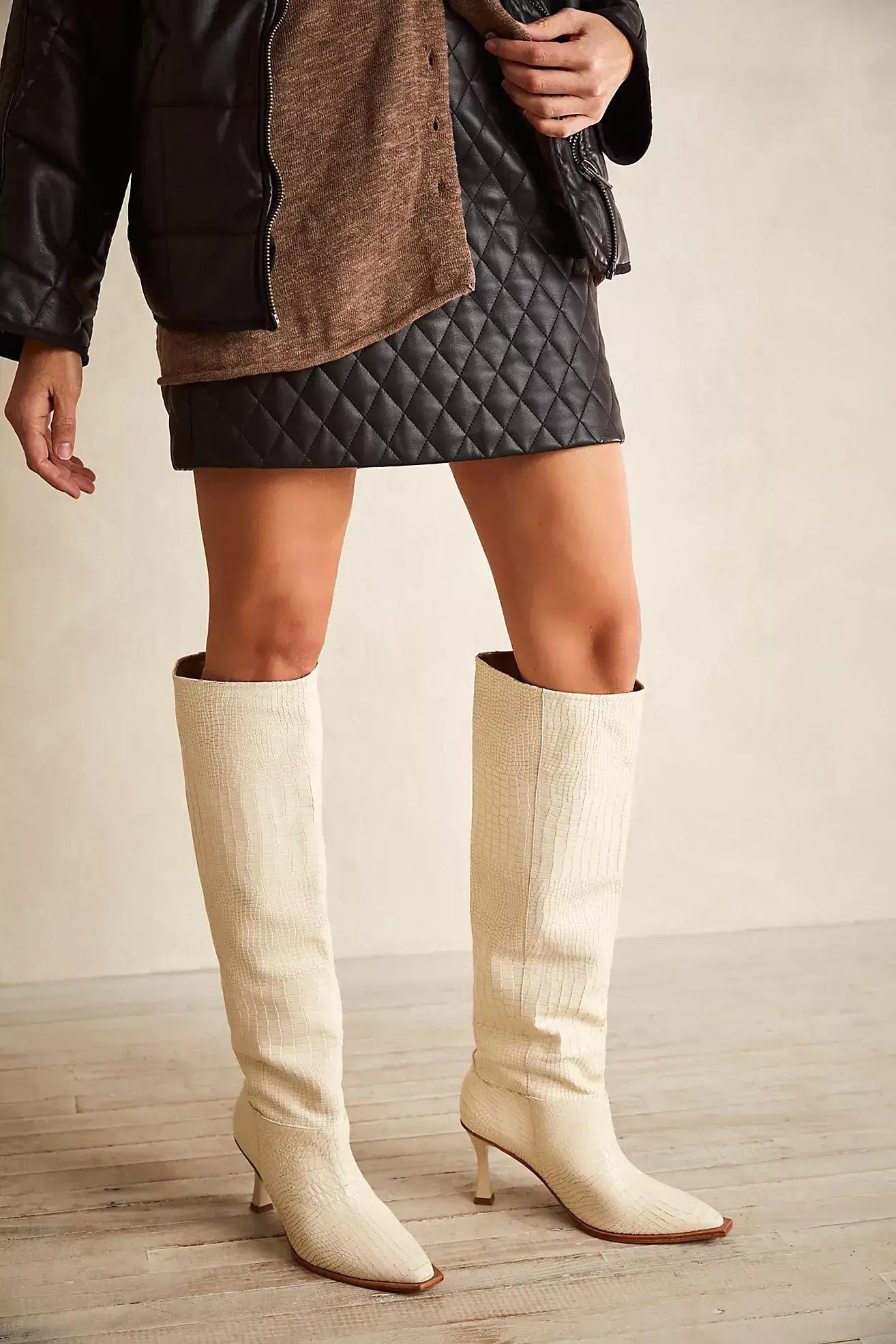 Shoes We Are Loving At Free People Croc Embossed Heeled Boots must have boots for fall the best fall shoes must have fall shoes how to buy tall boots for fall an winter the best ivory tall boots croc embossed tall boots