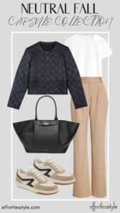 How To Wear Our Neutral Fall Capsule Wardrobe - Part 1 Leather Jacket & Trousers how to wear a leather jacket with trousers how to wear sneakers with trousers personal stylists share style inspiration for fall how to style a capsule wardrobe how to create a capsule wardrobe how to wear a tee shirt with slacks nashville stylists share travel style inspiration