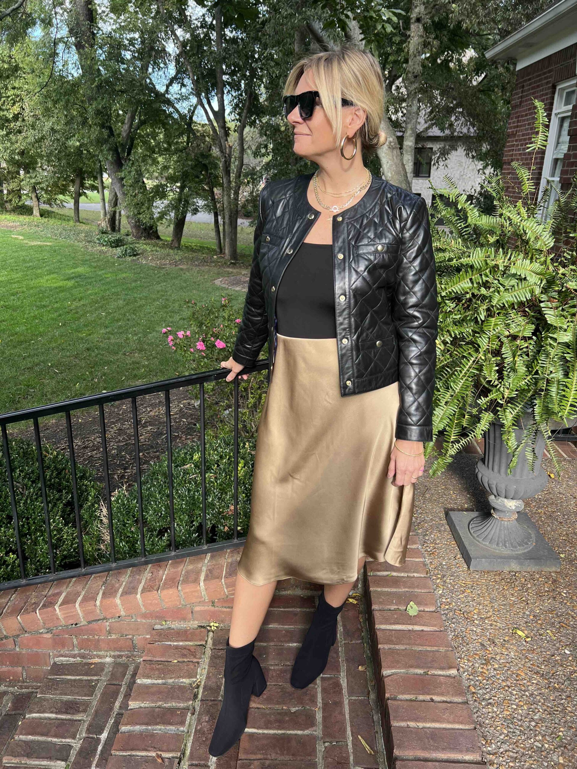 Leather Jacket & Slip Skirt styling a slip skirt styling a lady jacket styling sock booties