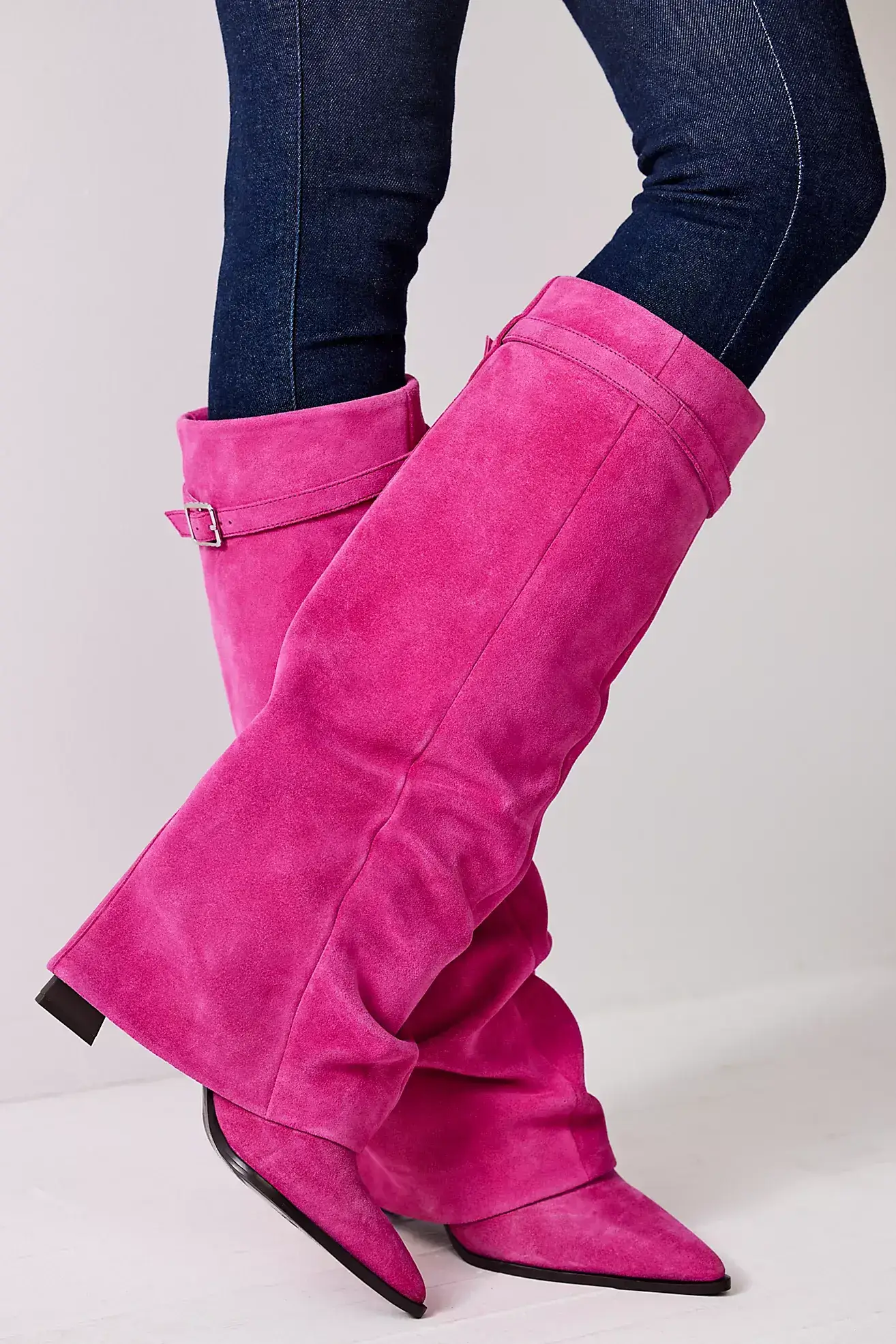 Shoes We Are Loving At Free People Magenta Suede Foldover Boots must have boots for fall the best fall boots personal stylists share favorite fall boots the best suede boots how to wear brightly colored boots how to add color to your look with boots trendy boots for fall and winter