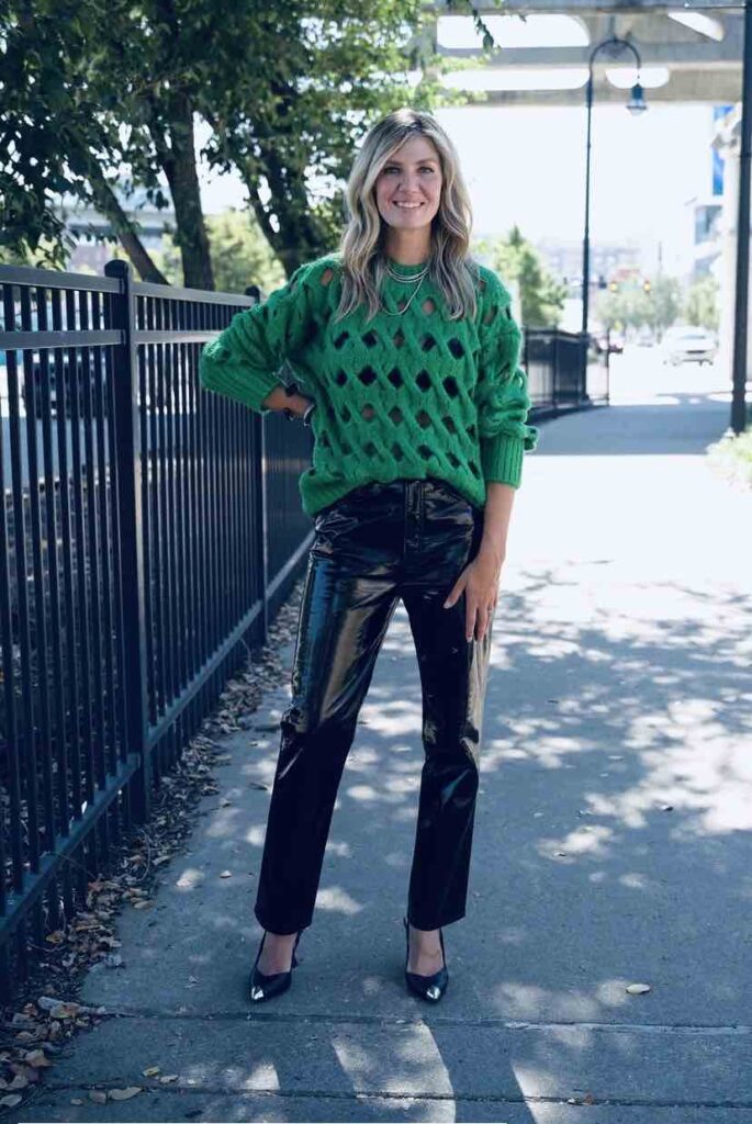 Ladies' Fall Weekend Outfit Formula Open Stitch Sweater & Patent Leather Pants how to wear an open stitch sweater what to wear for a night out this fall date night style inspiration how to wear a sweater for a night out how to wear heels with a sweater