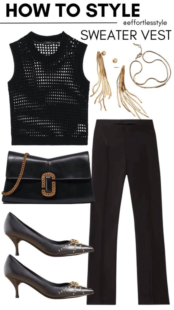 Open Stitch Sweater Vest & Pull On Kick Flare Ankle Pants how to style a sweater vest how to style an open stitch sweater what to wear for a girls night out how to wear all black sophisticated style for the holidays how to accessorize an all black look what to wear on date night