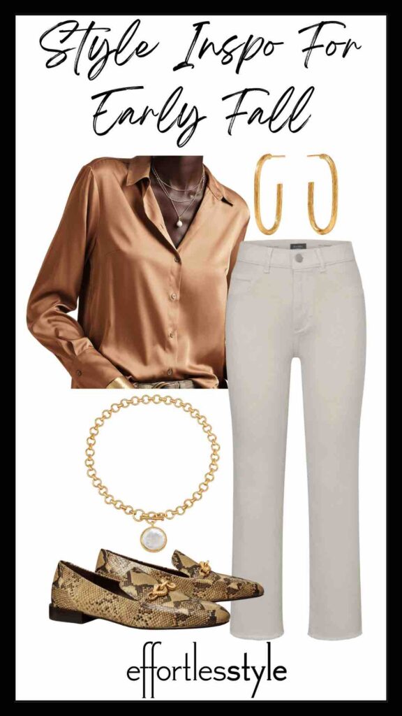 September Favorites From Our Nashville Personal Stylists Satin Button-Up Shirt & Frayed Hem Straight Leg Ankle Jean how to style white jeans for fall how to wear white jeans in winter how to create a tone on tone look the best neutral fall fashion how to style snakeskin loafers must have shoes for fall classic pieces for your fall closet 