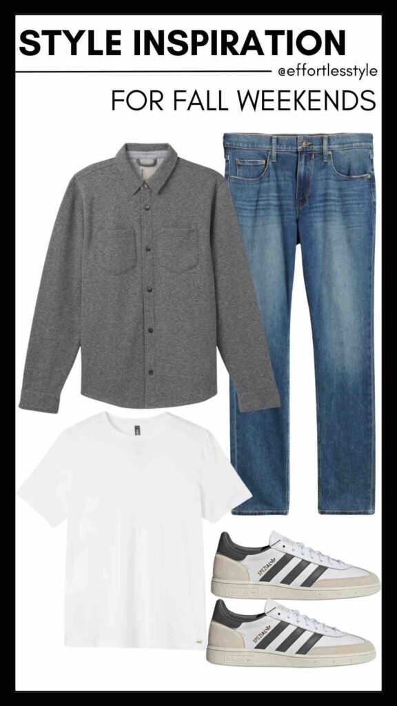 Guys' Fall Weekend Outfit Formula Shirt Jacket & Jeans how to wear a shirt jacket fall style inspiration for the guys how to wear sneakers with a shirt jacket guys fall weekend style casual style tips for men what to wear on busy weekends how to be comfortable but stylish for busy weekends how to wear a shirt jacket unbuttoned how to wear a shirt jacket open