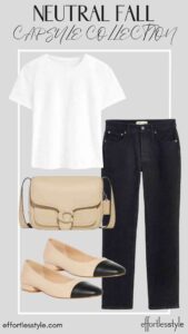 How To Wear Our Neutral Fall Capsule Wardrobe - Part 2 Short Sleeve Tee & Black Jeans how to wear a white tee shirt with black jeans creative ways to wear your white tee shirt fall style inspiration simple looks for fall simple fall style how to wear beige accessories with black