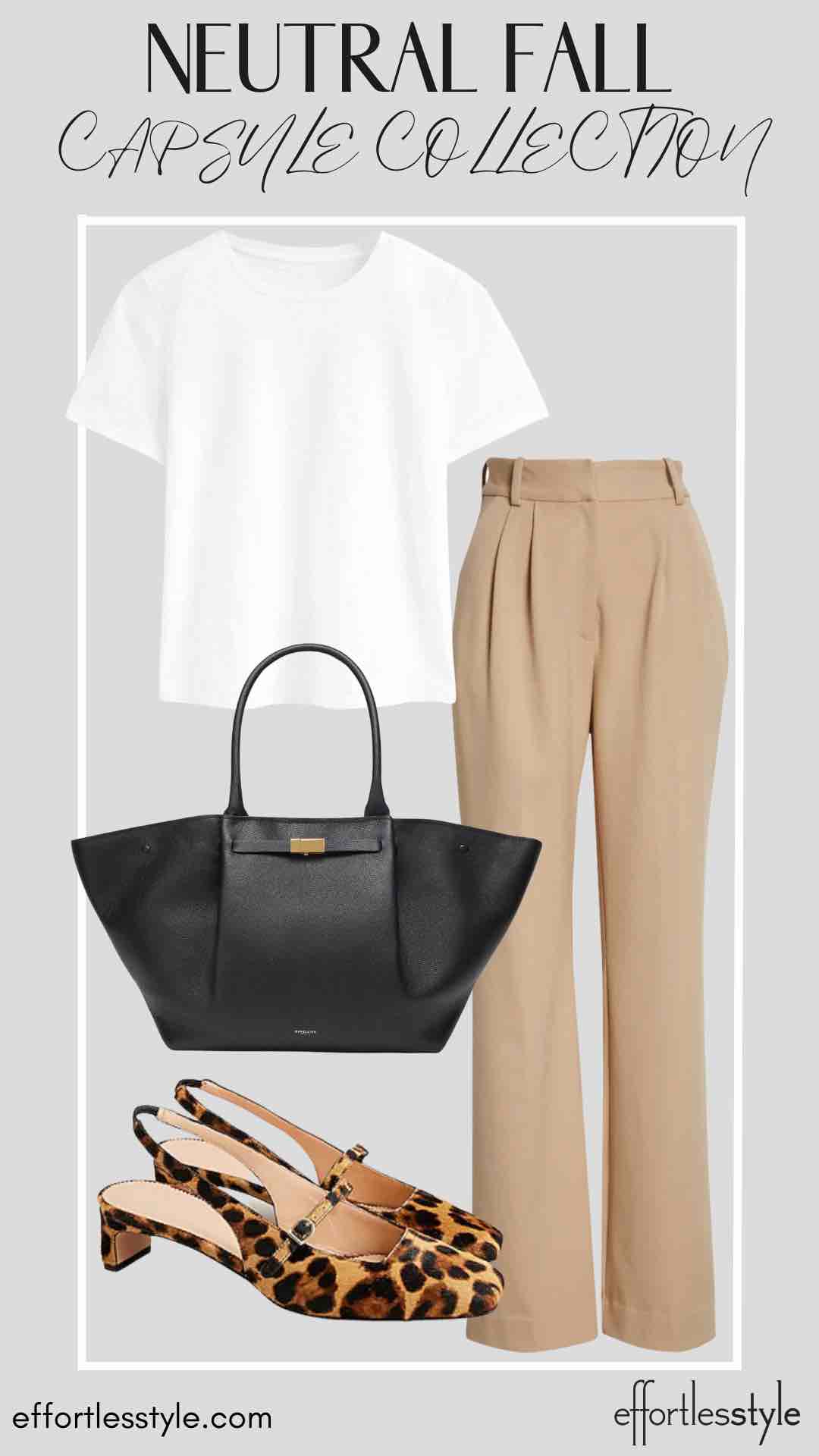 How To Wear Our Neutral Fall Capsule Wardrobe - Part 2 Short Sleeve Tee & Trousers how to wear a tee shirt to work how to style a tee shirt with trousers how to wear animal print to the office the best fall accessories the best neutral pieces for fall how to create a versatile wardrobe how to create a simple wardrobe simple fall style