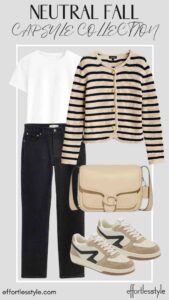 How To Wear Our Neutral Fall Capsule Wardrobe - Part 2 Striped Cardigan & Black Jeans fall travel style inspiration how to create a capsule wardrobe for fall the best versatile pieces for fall personal stylists share the best fall accessories what to wear for a busy travel day how to wear sneakers with black jeans how to style black jeans for fall how to wear stripes for fall