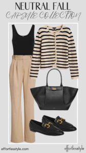 Striped Cardigan & Trousers & Loafers styling pleated pants for fall styling brown and black together fall style inspo for the office what to wear to the office this fall styling brown and black together classic fall style styling loafers with pants