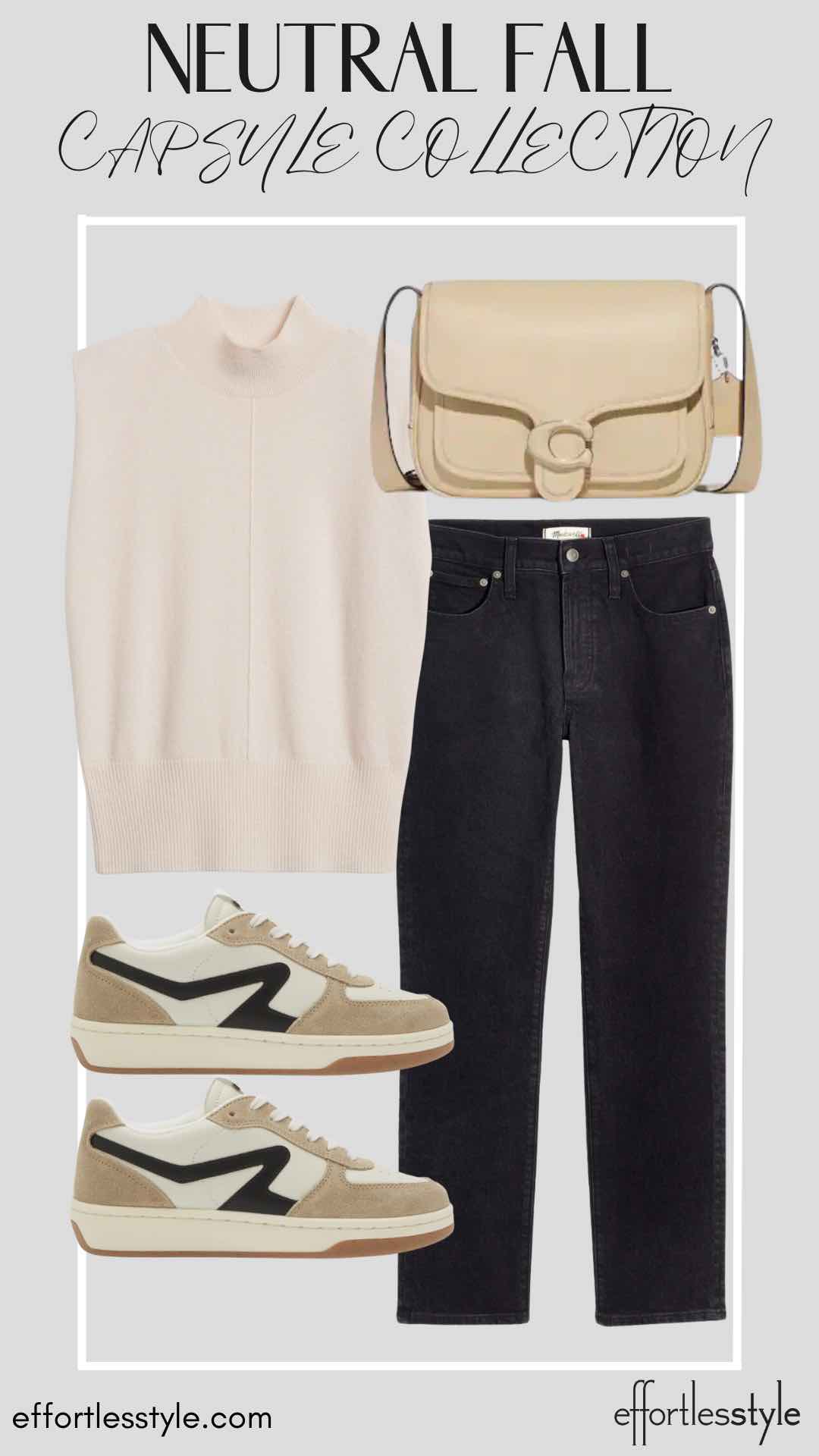How To Wear Our Neutral Fall Capsule Wardrobe - Part 1 Sweater Tank & Black Jeans travel day style inspiration casual fall looks how to wear sneakers with a dressy top how to look cute when traveling what to wear on the airplane this fall what to wear on fall break what to pack for a trip this fall
