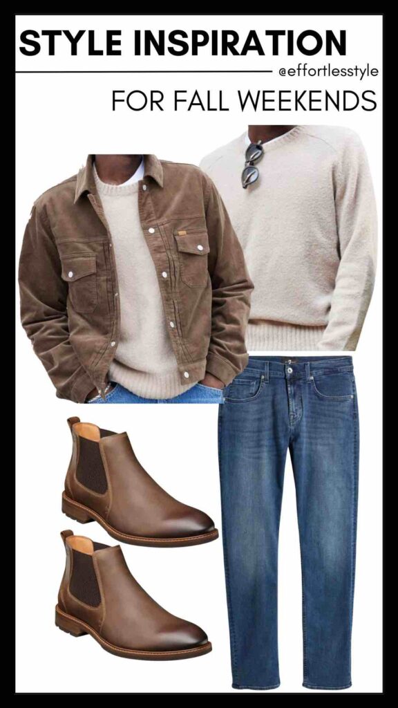 Trucker Jacket & Jeans how to wear a trucker jacket how to style Chelsea boots mens style inspiration menswear how to wear a crewneck sweater dressy casual style for men dressy casual style tips for men