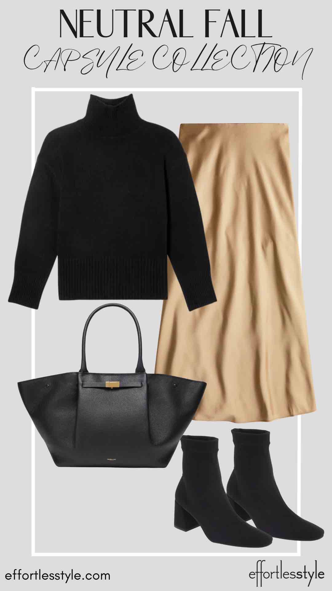 How To Wear Our Neutral Fall Capsule Wardrobe - Part 1 Turtleneck Sweater & Slip Skirt how to wear booties with a slip skirt how to wear camel and black together how to style a sweater with a slip skirt fun ways to style a slip skirt for fall how to wear brown and black together how to mix brown and black
