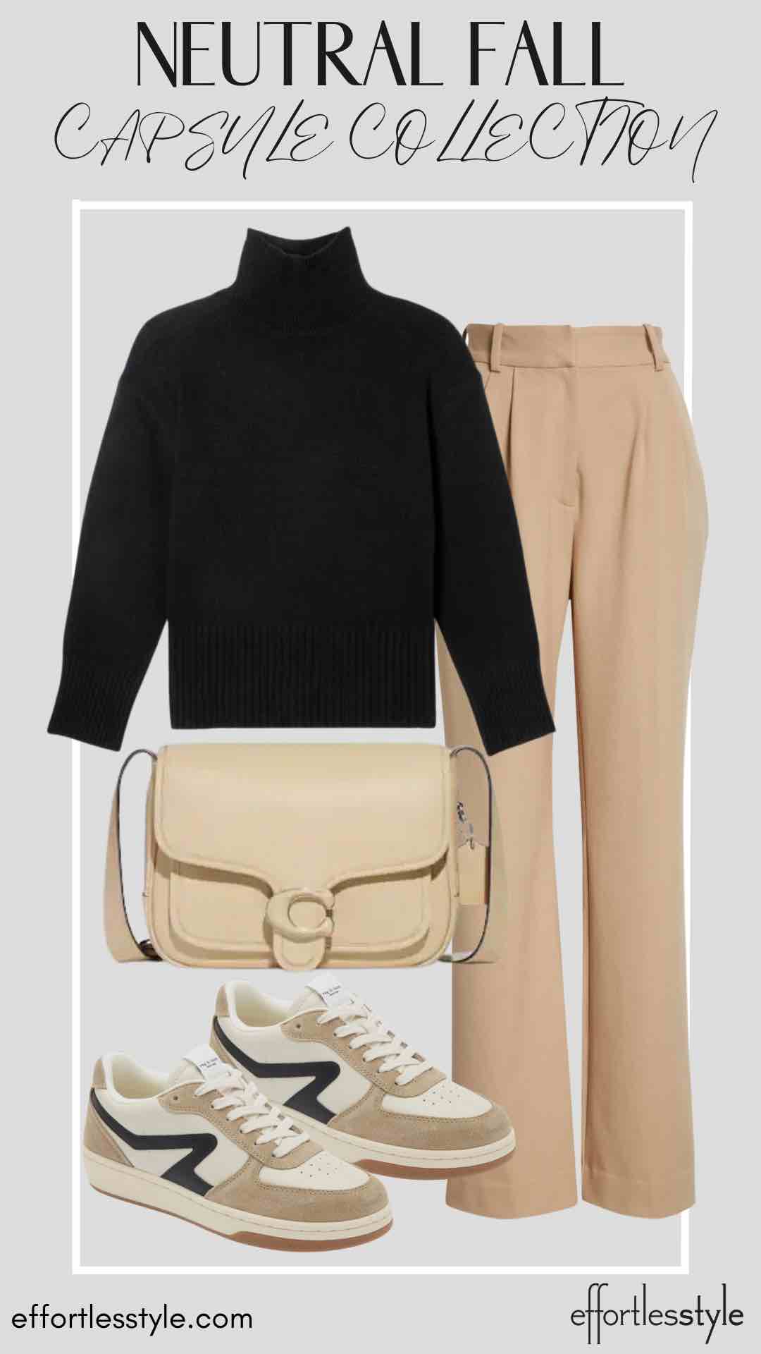 How To Wear Our Neutral Fall Capsule Wardrobe - Part 1 Turtleneck Sweater & Trousers how to wear beige and black together how to wear sneakers with trousers travel style inspiration for fall what to wear for travel this fall the best fall accessories how to wear brown and black together dressy casual fall style inspiration