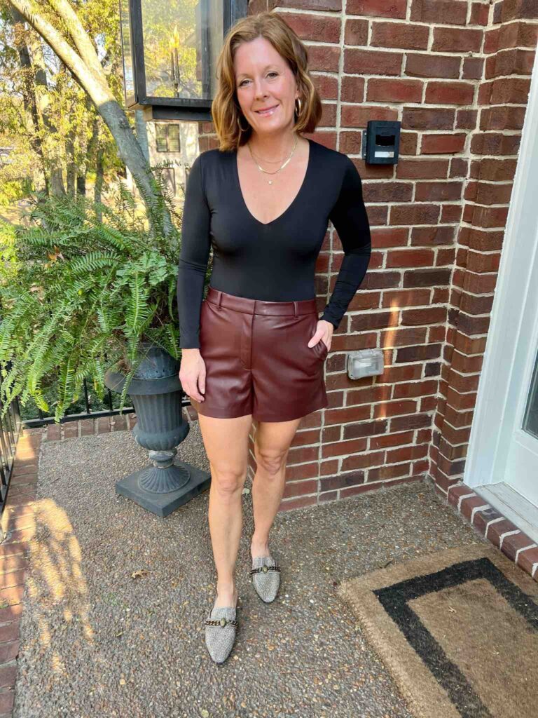 10 Ways To Wear A Bodysuit This Fall personal stylists share styled looks with bodysuits nashville stylists share style inspo for bodysuits Bodysuit & Faux Leather Shorts how to style leather shorts how to wear leather shorts how to style a bodysuit with shorts how to wear a bodysuit with shorts