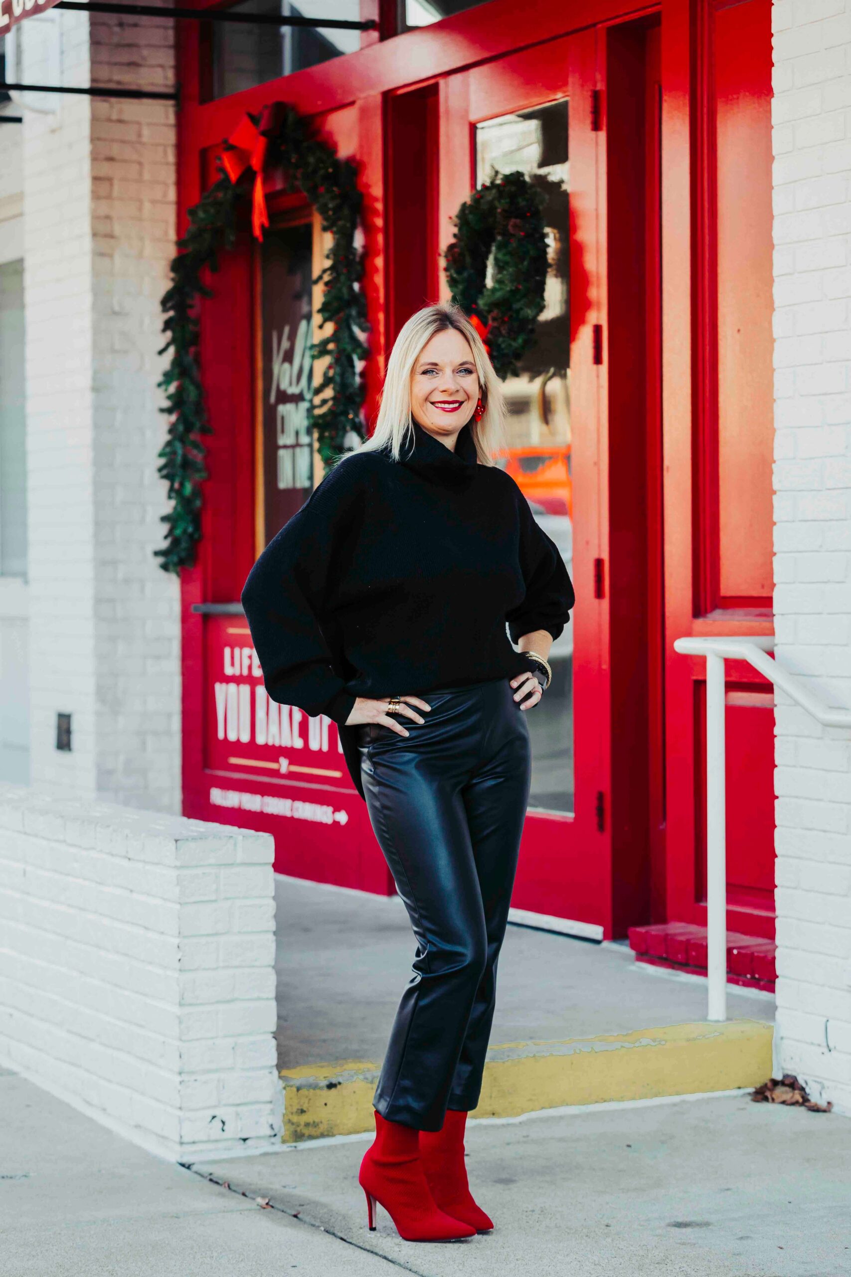 3 Ways To Wear Leather For The Holidays Turtleneck Sweater & Faux Leather Ankle Pants how to wear leather ankle pants how to wear all black for the holidays how to style red shoes what to wear to your office Christmas party what to wear to your work holiday party styled looks for the holidays