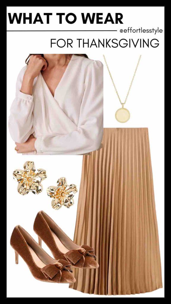 What To Wear For Thanksgiving V-Neck Wrap Blouse & Pleated Midi Skirt how to look cute and be casual casual fall style inspiration personal stylists share casual fall looks nashville stylists share styled looks for fall what to wear to a casual thanksgiving get together how to look cute and casual for thanksgiving Nashville stylists share styled looks for Thanksgiving personal stylists share thanksgiving style inspiration how to wear a pleated midi skirt how to style a wrap blouse how to accessorize a blouse and skirt look what to wear for a dressy thanksgiving dinner must have fall accessories classic thanksgiving style rimless thanksgiving style 