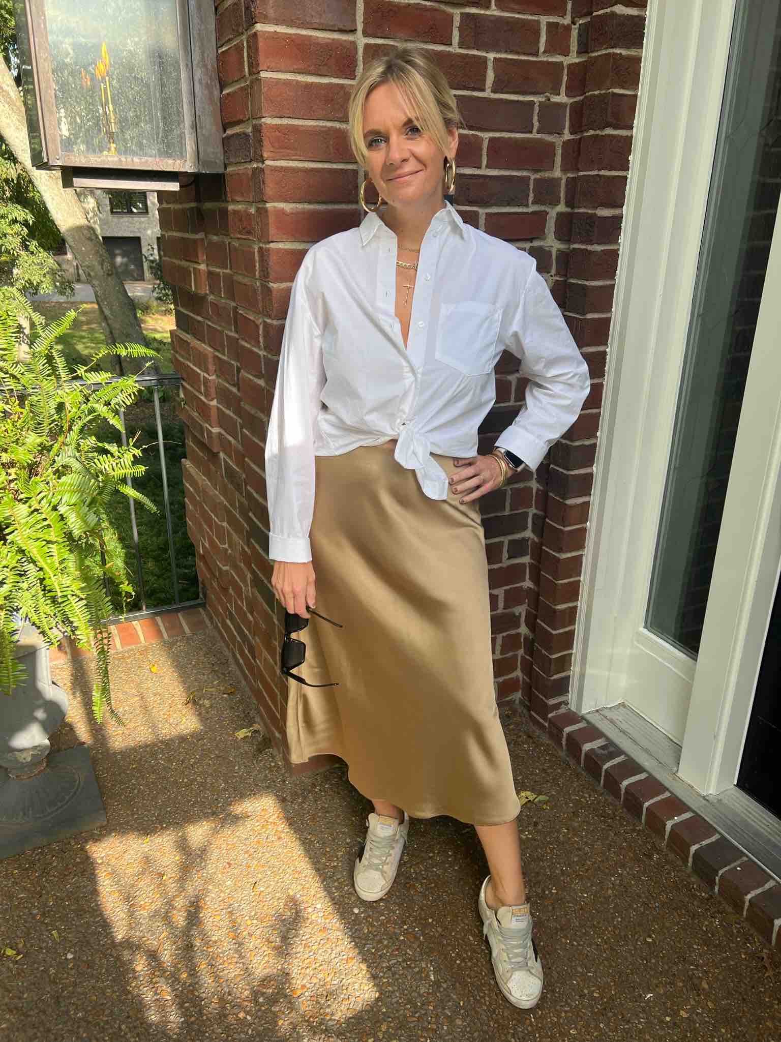 November Favorites From Our Nashville Personal Stylists Button-Up Shirt & Slip Skirt how to style a slip skirt how to wear a butotn-up shirt with a slip skirt how to wear sneakers with a slip skirt