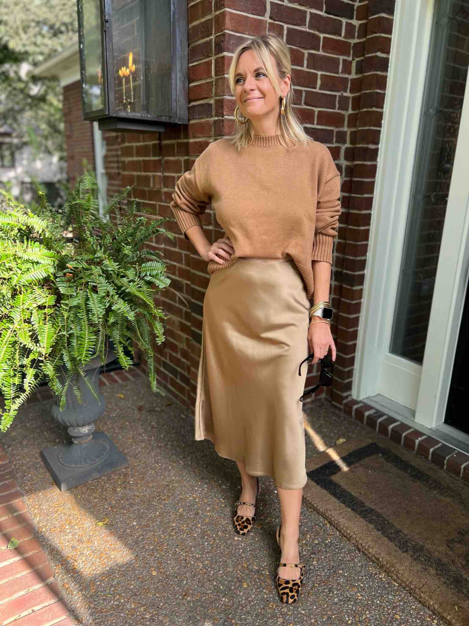 November Favorites From Our Nashville Personal Stylists Crewneck Sweater & Slip Skirt how to style a slip skirt how to wear a sweater with a slip skirt how to create a tone on tone look for winter