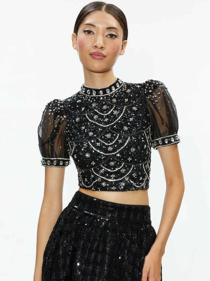 Five Things We Are Loving For The Holidays At Alice & Olivia Embellished Puff Sleeve Crop Top what to wear to Christmas parties style inspiration for holiday parties what to wear for New Years Eve what to buy for the holidays splurgeworthy pieces for holiday parties how to wear a beaded top for holiday parties showstopper look for holiday parties Christmas party style inspiration how to wear sequins for the holidays how to wear embellishment for the holidays