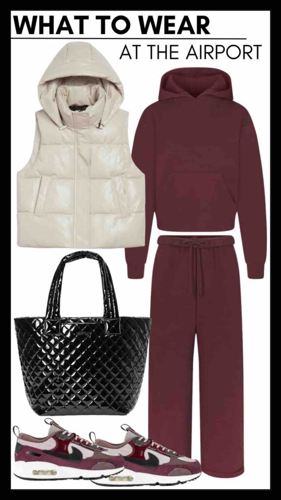 What To Wear To The Airport For Holiday Travel Faux Leather Vest & Hoodie & Straight Leg Sweatpants how to look cute to travel travel style inspo how to wear a sweatsuit to the airport how to look stylish at the airport the best travel tote fun colorful sneakers how to look cute for a long drive