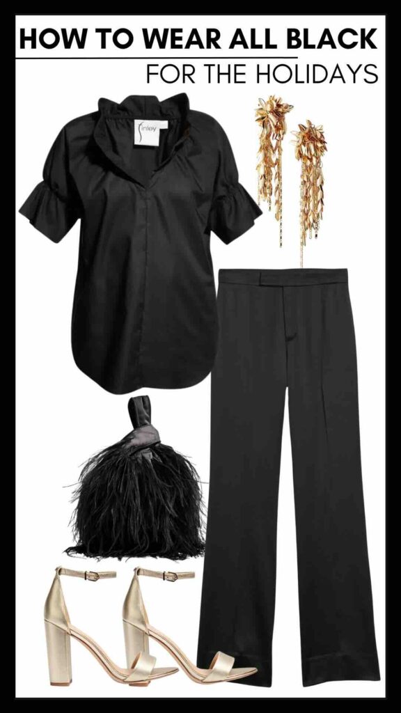 3 Ways To Wear All Black For The Holidays Flounce Neck Blouse & Satin Pants how to wear all black for the holidays Christmas party style inspiration holiday party style inspiration how to accessorize all black the best holiday party accessories personal stylists share holiday party style inspo nashville stylists share ideas for wearing all black how to wear all black for new years eve how to wear satin pants how to style wide leg pants for the holidays how to wear a short sleeve blouse to a Christmas party how to wear pants to a Christmas party