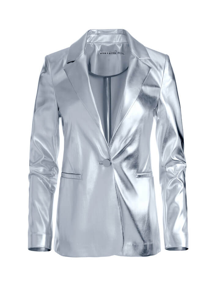 Five Things We Are Loving For The Holidays At Alice & Olivia Metallic Faux Leather Blazer what to wear to Christmas parties style inspiration for holiday parties what to wear for New Years Eve what to buy for the holidays splurgeworthy pieces for holiday parties how to wear a silver blazer the silver trend how to wear silver for the holidays how to wear a silver blazer