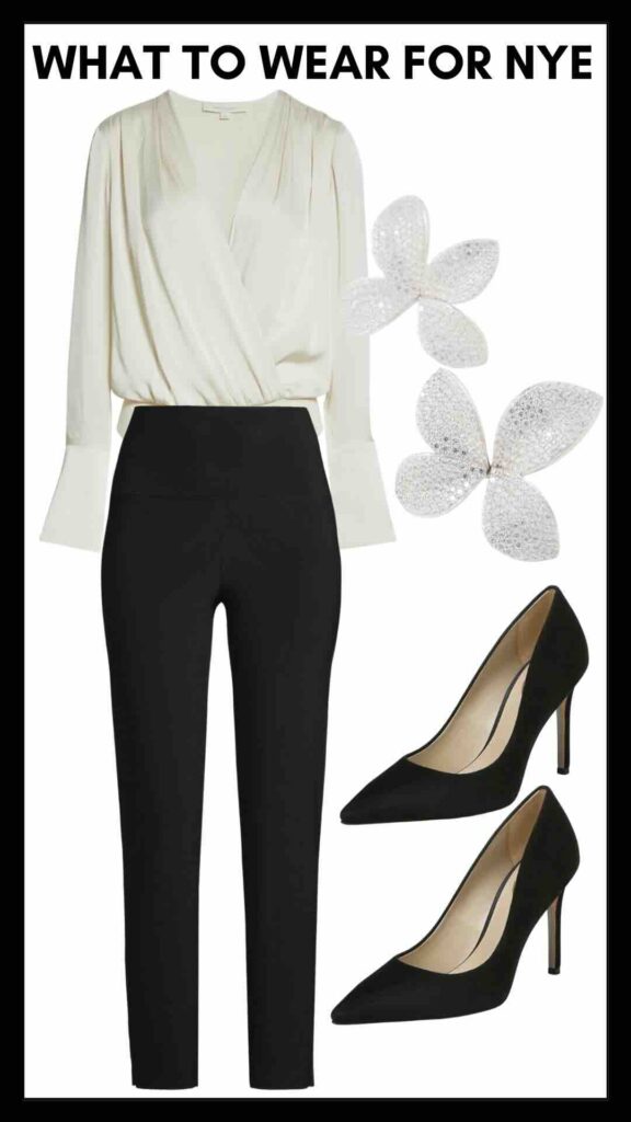 Easy NYE Looks.... You Probably Already Have Pleated Shoulder Long Sleeve Blouse & Black Pants what to wear for New Year's Eve personal stylists share New Year's style inspo Nashville personal stylists styled looks for New Year's Eve how to shop your closet for New year's Eve how to create a New Year's Eve look with pieces you already have in your closet how to accessorize for New Year's Eve how to style black slacks for New Year's Eve classic New Year's Eve look how to accessorize a blouse and black pants how to wear sparkly statement earrings timeless New Year's Eve look 