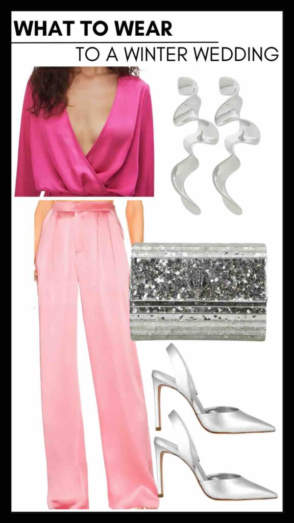 What To Wear To A Winter Wedding Satin Long Sleeve Wrap Blouse & Wide Leg Pants personal stylists share wedding style inspiration Nashville stylists share style inspiration for black tie events how to wear pants to a winter wedding how to style pants for a black tie event how to wear pants to a dressy event how to wear silver accessories how to accessorize with silver how to create a tone on tone look how to wear pink to a wedding how to wear color to a wedding