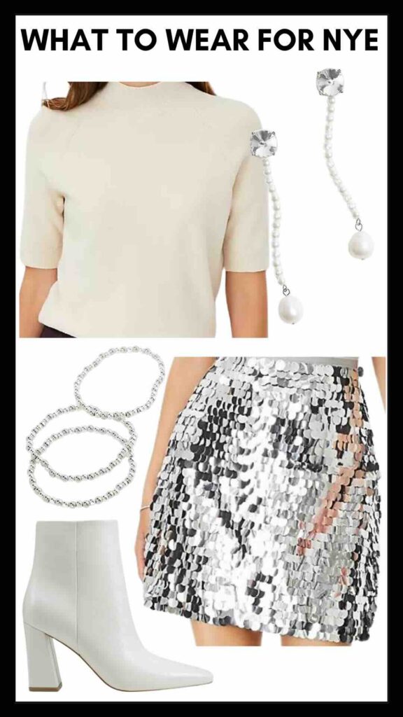 Easy NYE Looks.... You Probably Already Have Short Sleeve Sweater Tee & Sequin Skirt what to wear for New Year's Eve personal stylists share New Year's style inspo Nashville personal stylists styled looks for New Year's Eve how to shop your closet for New year's Eve how to create a New Year's Eve look with pieces you already have in your closet how to wear a sweater with a sequin skirt how to wear booties with a sequin skirt how to accessorize a sequin skirt how to accessorize for New Year's Eve how to style a sequin skirt how to dress a sequin skirt down how to wear sequins for New Year's Eve