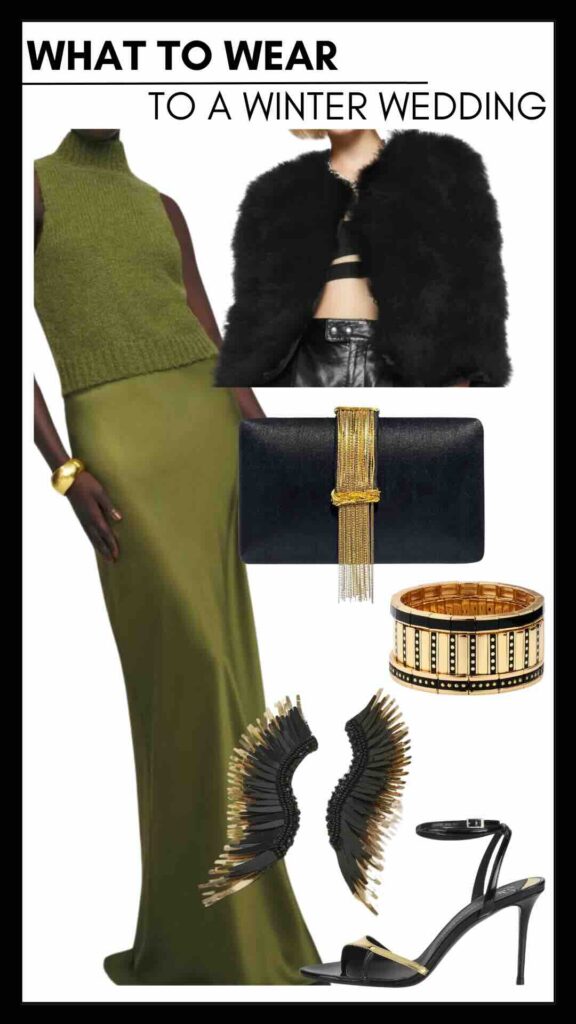 What To Wear To A Winter Wedding Sleeveless Turtleneck Sweater & Silk Slip Skirt how to create a tone on tone look how to wear all green to a wedding how to wear color to a wedding how to style a fur jacket how to accessorize with black and gold the best dressy accessories what to wear to a black tie event this event what to wear to a dressy party personal stylists share wedding style inspiration Nashville stylists share style inspiration for black tie events how to wear a maxi skirt to a wedding