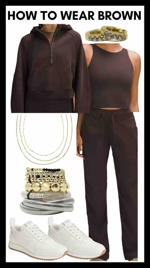 How To Wear Brown This Season Half Zip Pullover & Sweatpants how to elevate your athleisure wear the best neutral sneakers the best sneakers for travel nashville personal stylists share the best travel outfits what to wear for a travel day how to look cute when traveling travel day outfit travel outfit the best accessories for athleisure