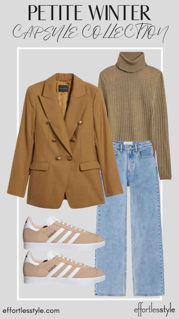 Blazer & Turtleneck Sweater & Medium Wash Jeans styling jeans with sneakers styling a blazer with jeans styling a turtleneck sweater under a blazer mixing tones of brown