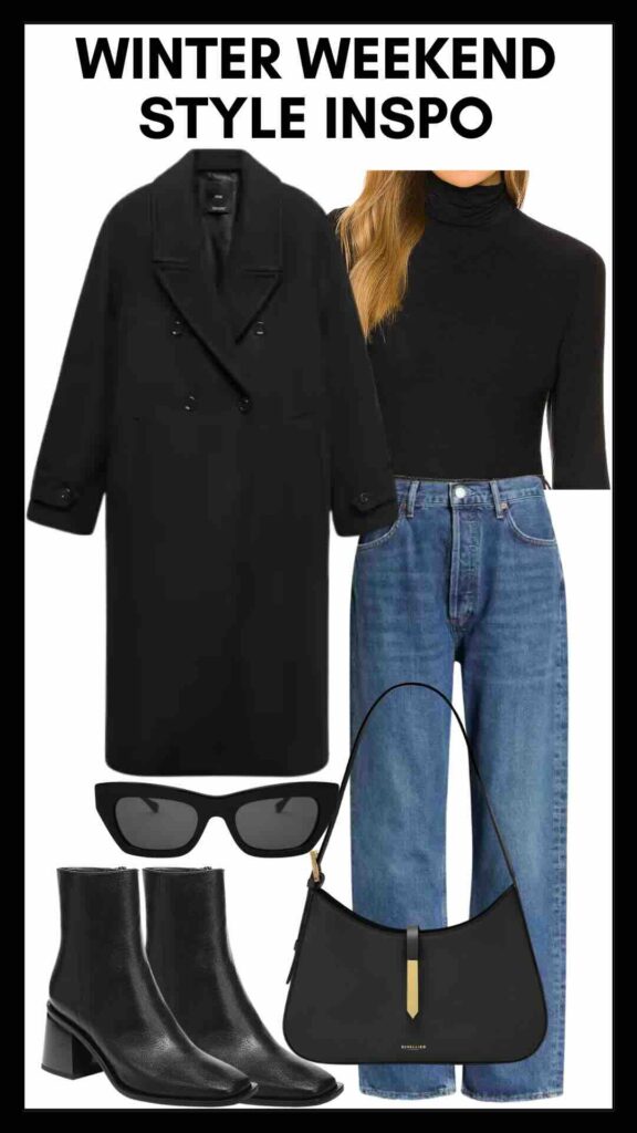 Ladies' Winter Weekend Outfit Formula Crop Turtleneck & 90s Pinch Waist Jeans nashville personal stylists share winter weekend style inspo how to wear a turtleneck with jeans how to look cute in a turtleneck how to style a turtleneck the best black accessories casual winter style inspo dressy casual winter style inspo the best winter coats how to wear black with jeans how to style black booties how to style cat eye sunglasses