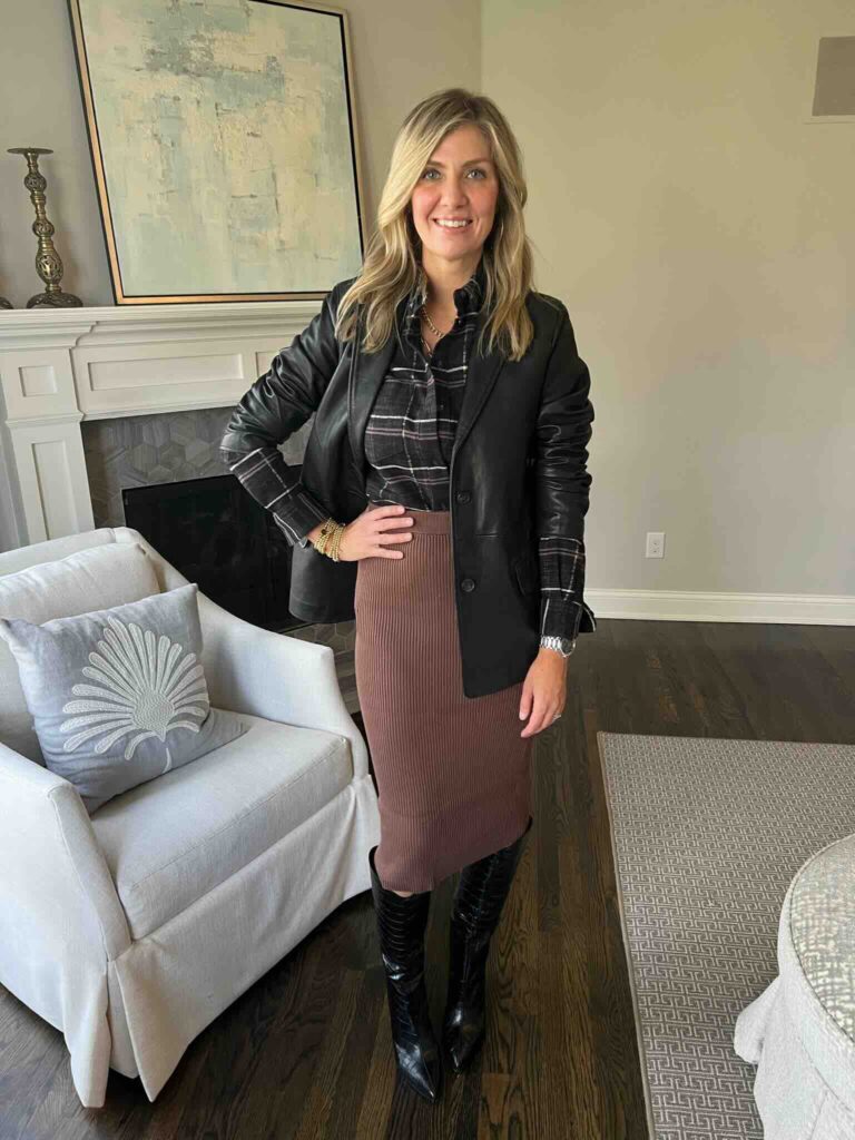 Faux Leather Blazer & Midi Skirt winter style inspiration dressy casual winter outfit styling a midi skirt for the office styling a leather blazer 