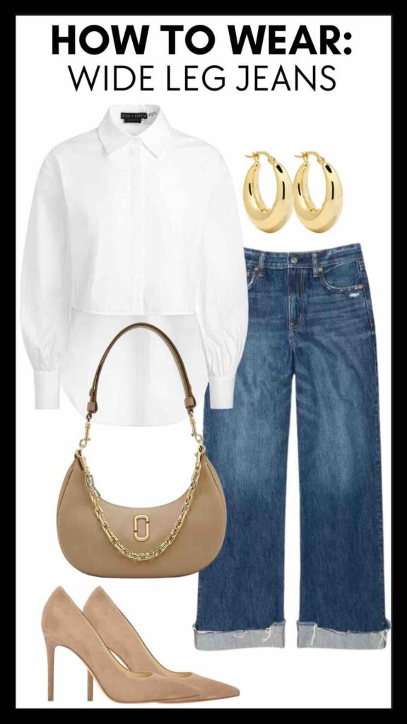 How To Wear Wide Leg Jeans High Low Button-Up Shirt & Wide Leg Jeans how to style baggy jeans how to pair classic and trendy how to wear a button-up shirt with jeans how to wear heels with jeans the best neutral accessories