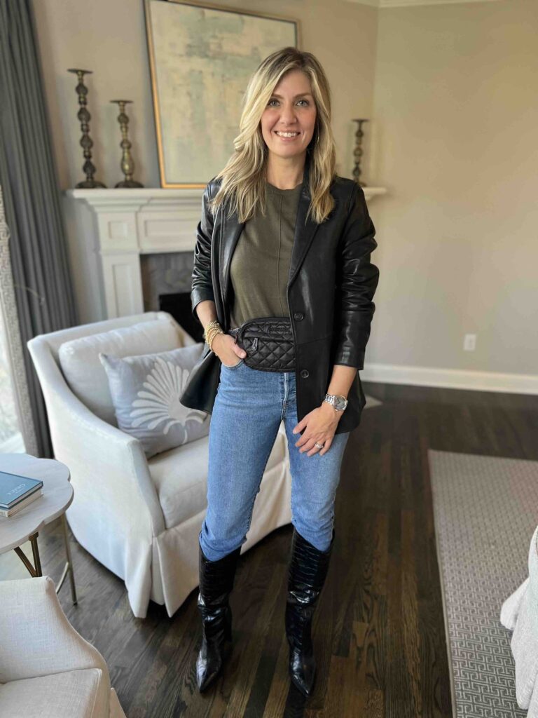 Leather Blazer & Jeans winter style inspiration dressy casual winter outfit styling a leather blazer styling jeans for winter styling a blazer with jeans