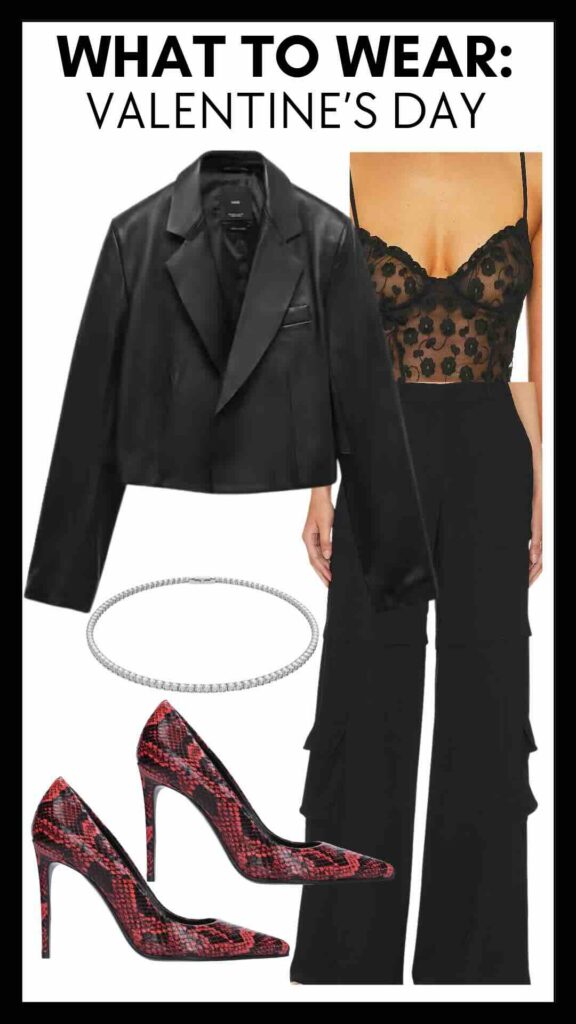 What To Wear For Valentine's Day Lace Blazer & Wide Leg Cargo Pants date night Valentine's Day look dressy Valentine's Day outfit how to wear heels with cargo pants how to dress up cargo pants how to wear all black for Valentine's Day how to wear snakeskin heels Valentine's Day date night look dressy Valentine's Day outfit dressy Valentine's Day look