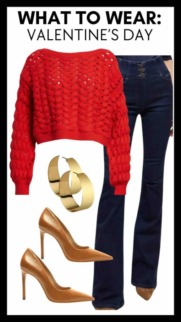 What To Wear For Valentine's Day Open Stitch Sweater & Skinny Flare Jeans fun sweaters for Valentine's Day how to style skinny flare jeans how to wear heels with jeans what to wear for a casual Valentine's Day date night what to wear for Galentines dressy Valentine's Day outfit dressy Valentine's Day outfit