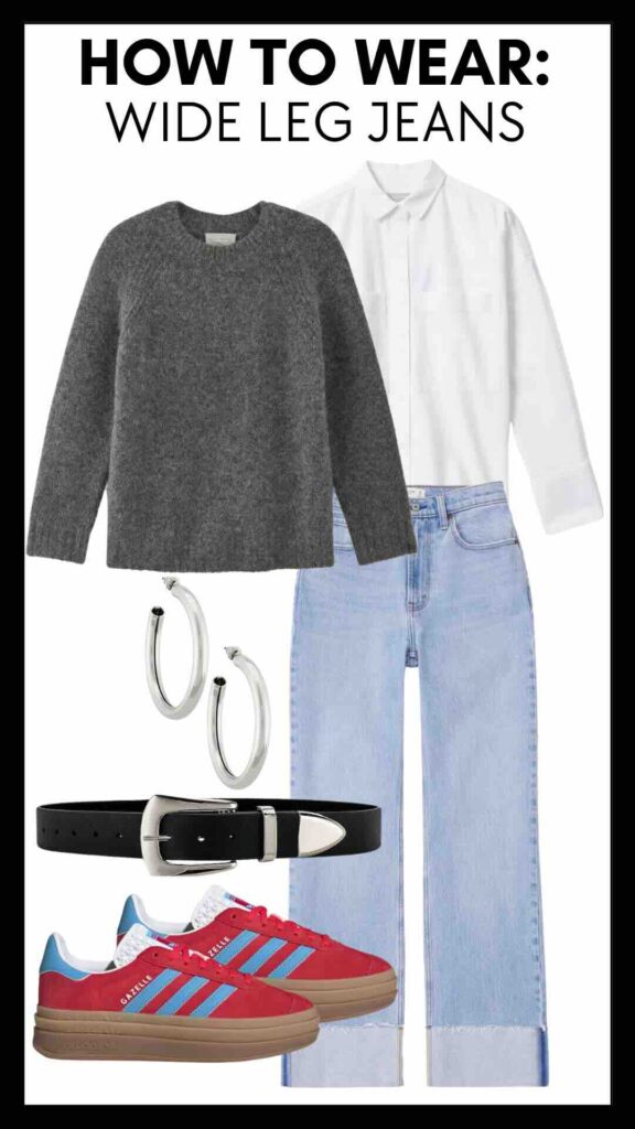 How To Wear Wide Leg Jeans Oversized Crewneck Sweater & Button-Up Shirt & Wide Leg Jeans how to add color to your winter outfits how to wear button-up shirt with wide leg jeans how to style cuffed jeans how to wear silver accessories how to accessorize with silver colorful sneakers how to wear stacked sneakers style tips for wide leg jeans