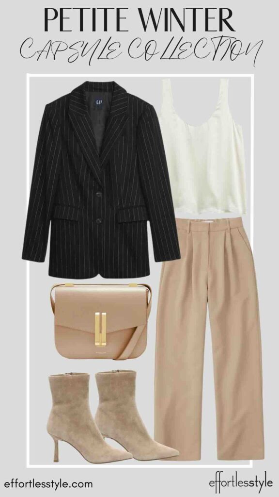 Pinstripe Blazer & Silk Tank & Trousers styling a pinstripe blazer with camel trousers styling a pinstripe blazer for the office styled look with taupe booties styling heeled booties