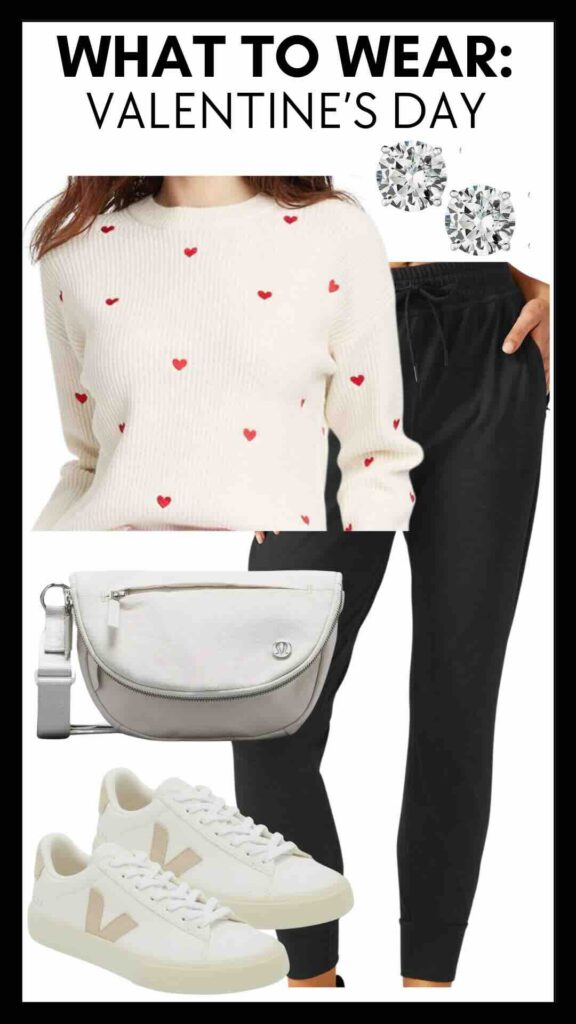 What To Wear For Valentine's Day Ribbed Crewneck Heart Sweater & Joggers everyday Valentine's Day outfit Nashville personal stylists share fun Valentine's Day looks how to wear a heart sweater how to style joggers heart sweater for February casual Valentine's Day outfit casual Valentine's Day look