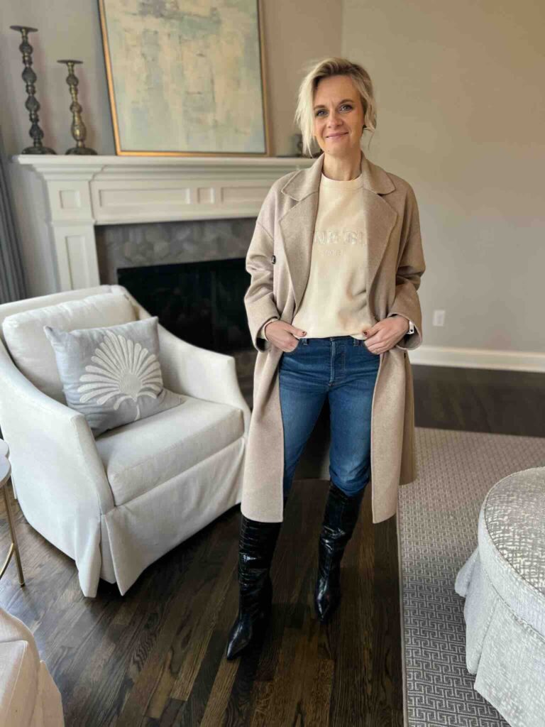 How To Wear Tall Boots Wool Coat & Sweatshirt & Jeans & Tall Boots how to wear boots over jeans how to wear boots with a sweatshirt and jeans how to style boots casually casual winter style inspiration