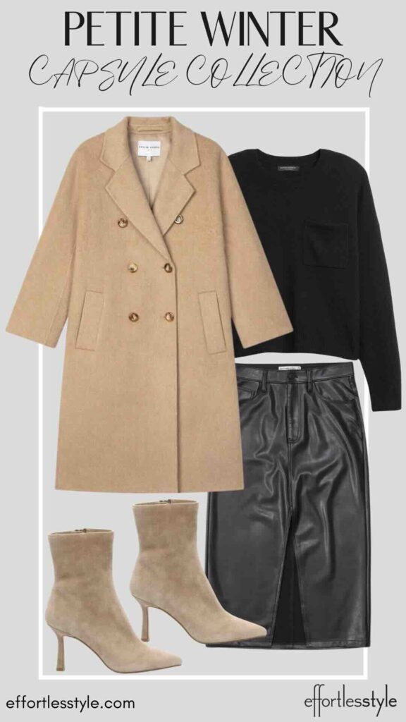 Wool Coat & Oversized Sweater & Midi Skirt styling all black for work styling a leather skirt for work styling a midi skirt for work styling nude booties with all black styling camel and black together