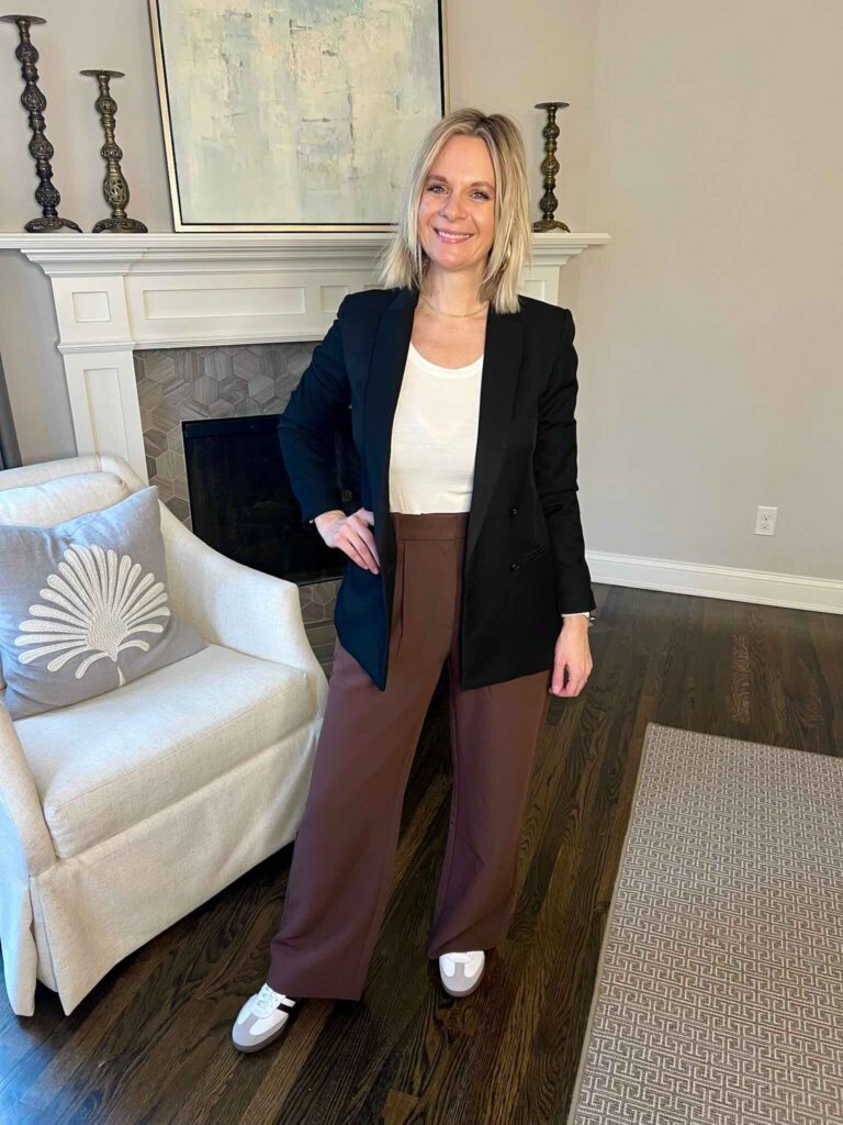 Black Blazer & Brown Trousers Nashville personal stylists share style inspo for trousers casual look with trousers fun winter outfits winter style inspo styling a blazer with trousers styling a blazer with sneakers styling trousers with sneakers