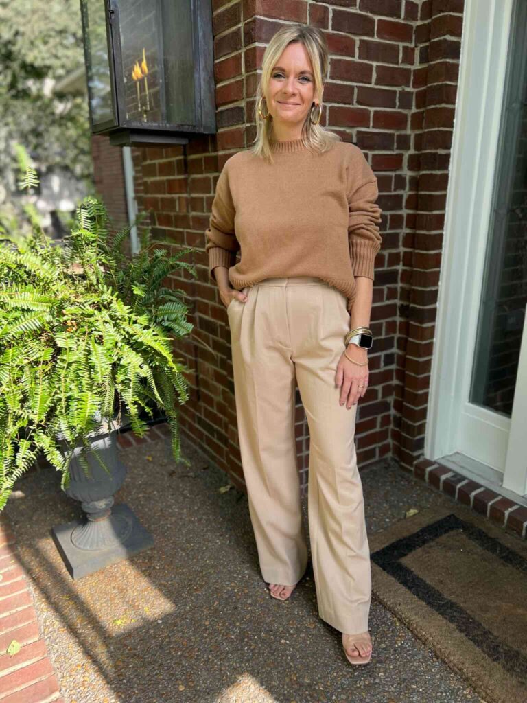 Camel Sweater & Beige Trousers Nashville personal stylists share style inspo for trousers fun winter outfits winter style inspo styling tones of brown together styling trousers with a sweater fun work outfits what to wear to the office what to wear to work styling a sweater for work