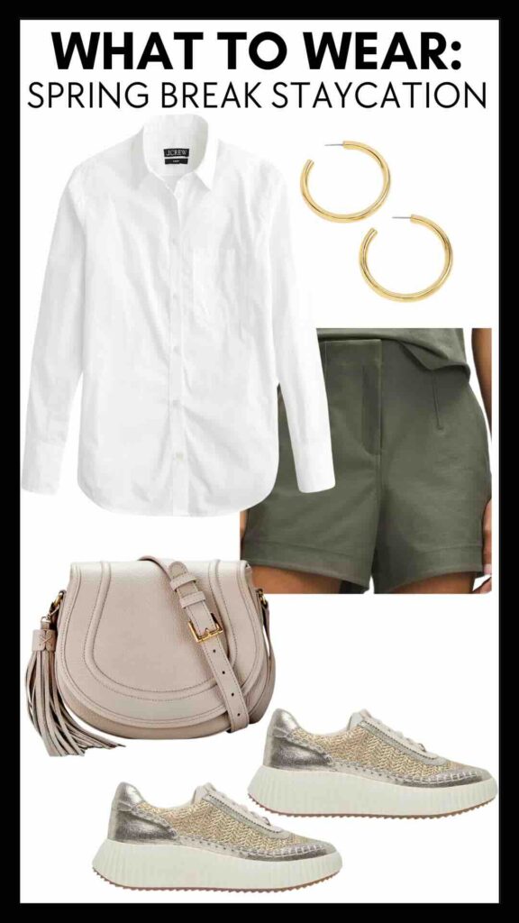 What To Wear For Spring Break If It's A Staycation Cotton Poplin Button-Up Shirt & Relaxed Fit High Rise Shorts how to wear shorts this spring how to style shorts in your 40s how to style metallic sneakers how to wear gold sneakers how to wear a button-up shirt with shorts spring style inspo fun spring outfits
