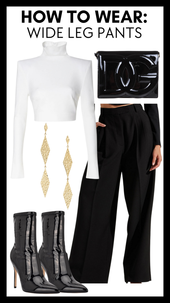 How To Wear Wide Leg Pants Crop Turtleneck & Pleated Wide Leg Trousers how to wear black and white how to wear ultra wide leg pants how to wear a fitted turtleneck how to style a crop turtleneck how to style patent leather booties how to style patent leather how to wear a patent leather bag styling a patent leather purse what to wear for girls night what to wear for a fun night out personal stylists share wide leg pant style inspo nashville stylists style wide leg pants