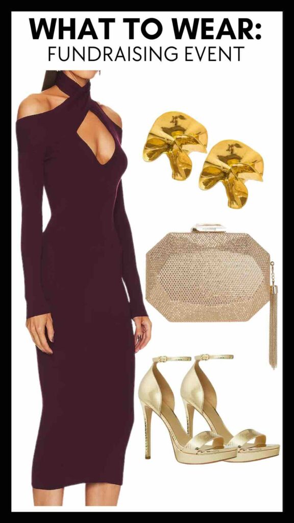 What To Wear To A Fundraising Event This Spring Crossover Halter Neck Midi Dress how to style gold accessories what to wear to a spring wedding cocktail dress wedding outfit cocktail party outfit how to style gold heel sandals how to style ankle wrap sandals the best gold accessories how to style a crystal clutch must have accessories for spring wedding guest outfit